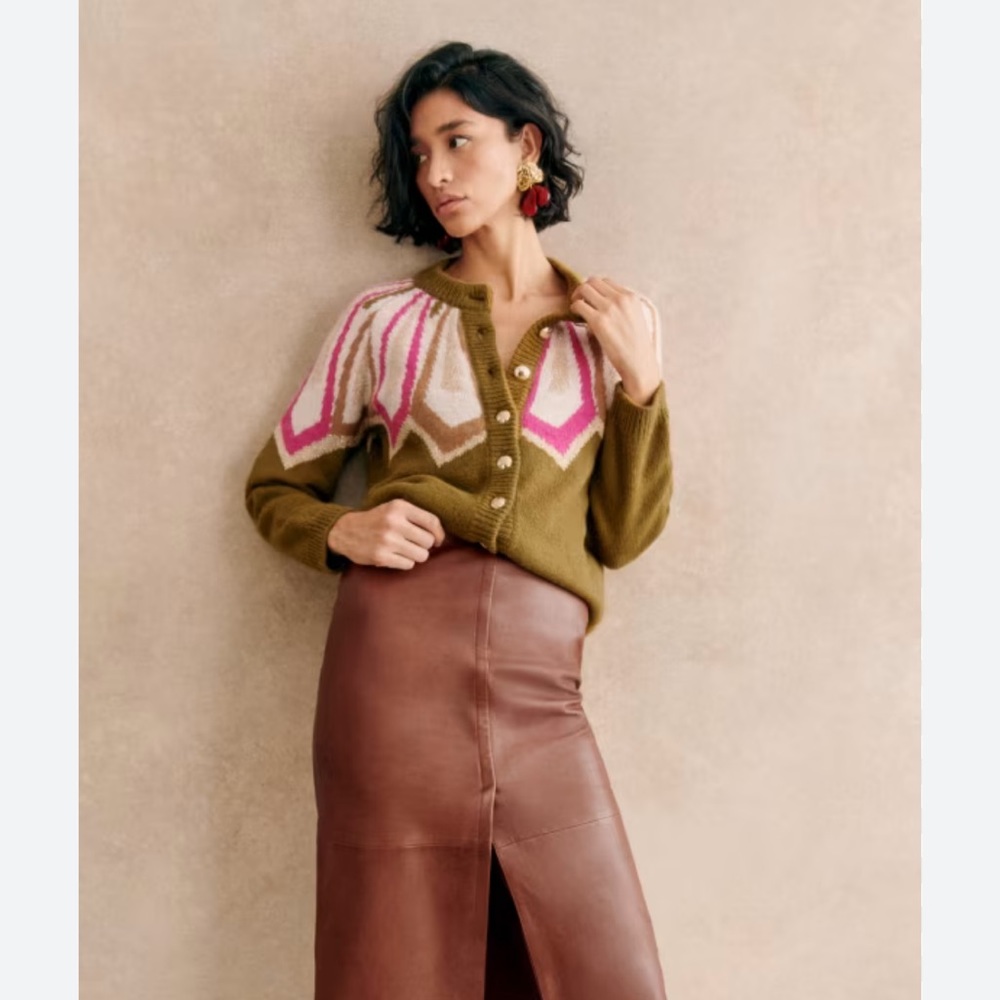 Sezane Hamel Sweater - Olive and Pink Geometric Women's Sweater